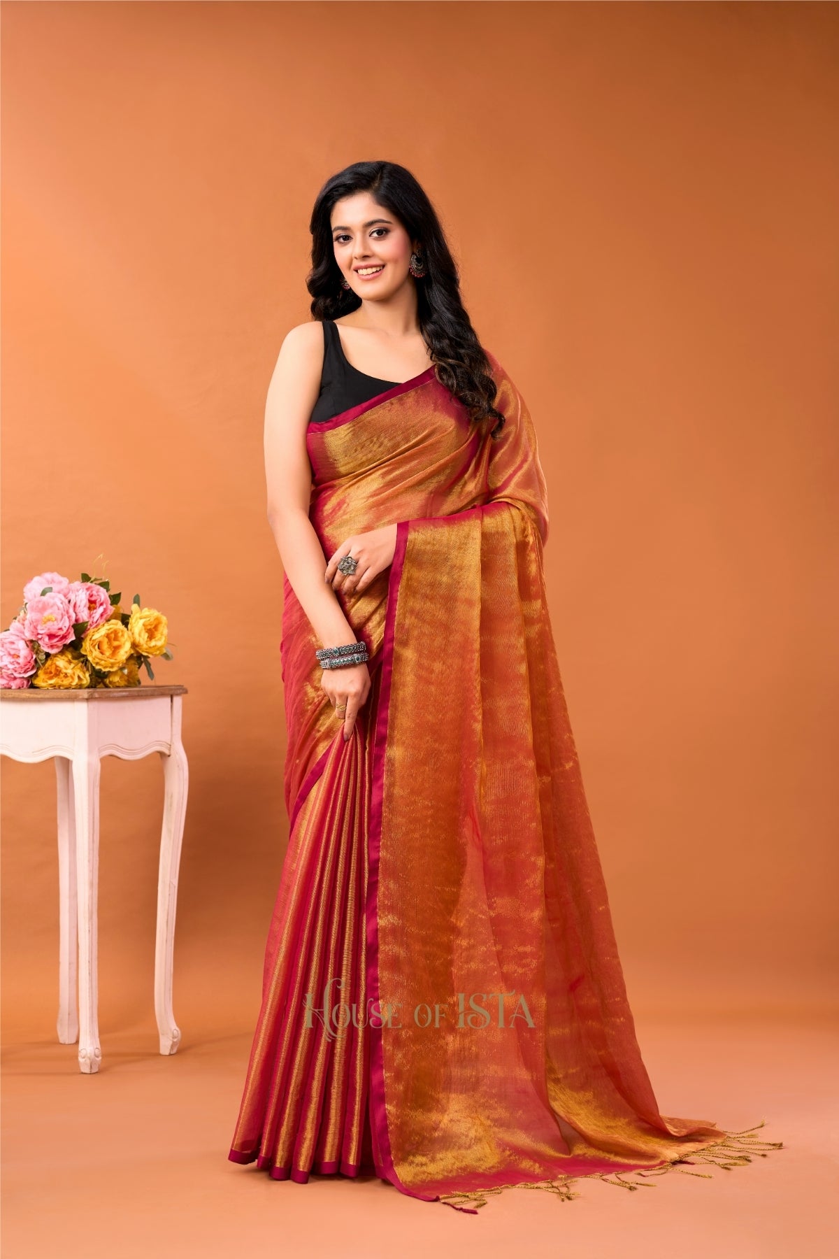 Saffron Shimmer Tissue Cotton Saree