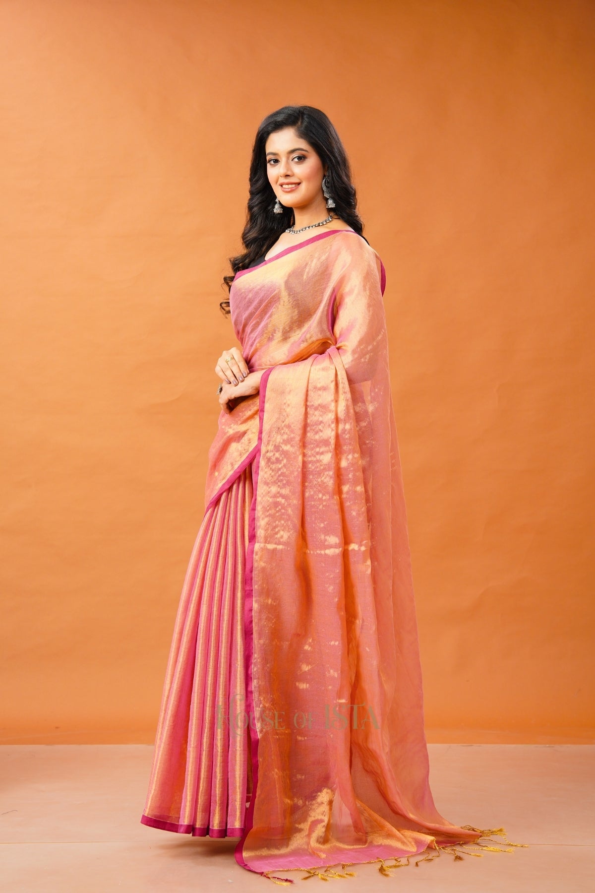 Swarna Peach Tissue Cotton Saree