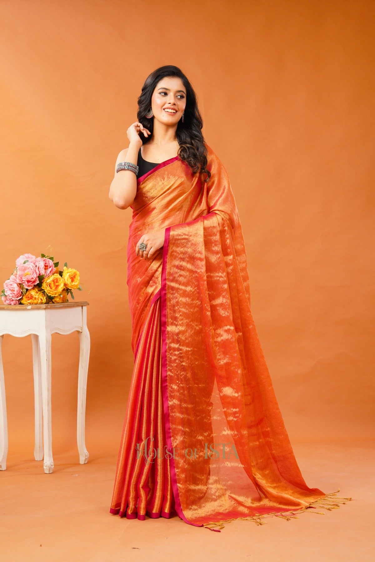 Saffron Shimmer Tissue Cotton Saree