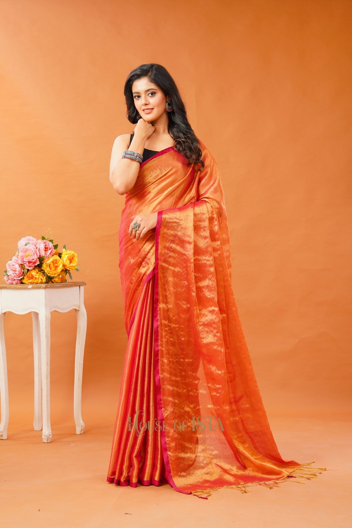 Saffron Shimmer Tissue Cotton Saree