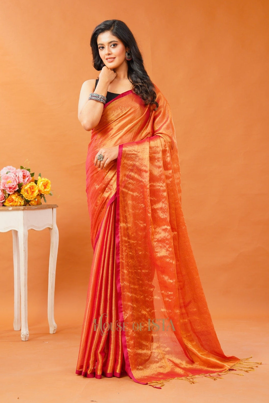 Saffron Shimmer Tissue Cotton Saree