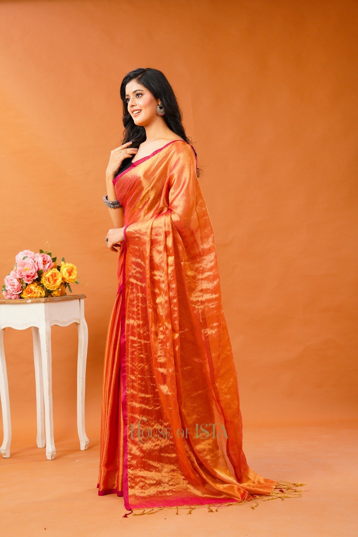 Saffron Shimmer Tissue Cotton Saree