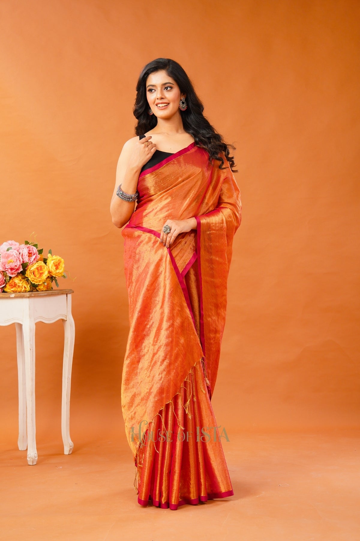 Saffron Shimmer Tissue Cotton Saree