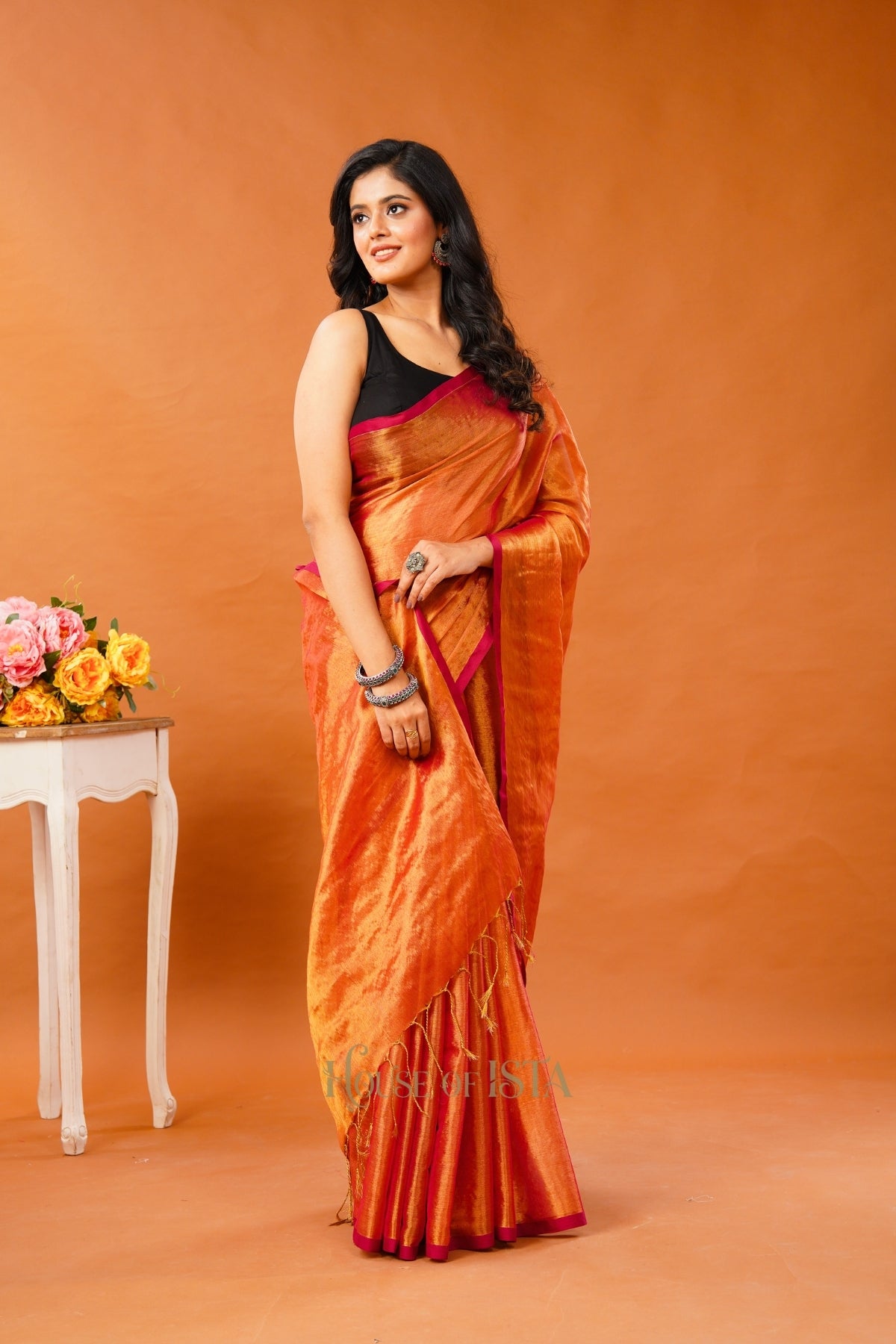 Saffron Shimmer Tissue Cotton Saree