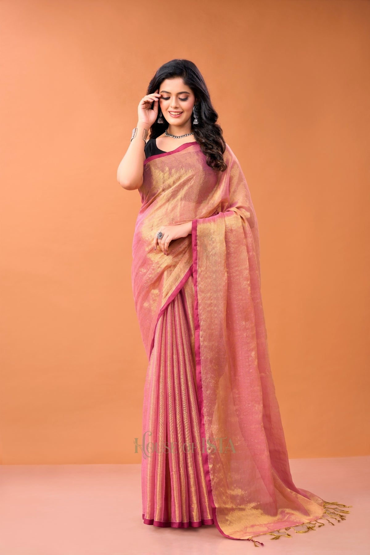 Swarna Peach Tissue Cotton Saree