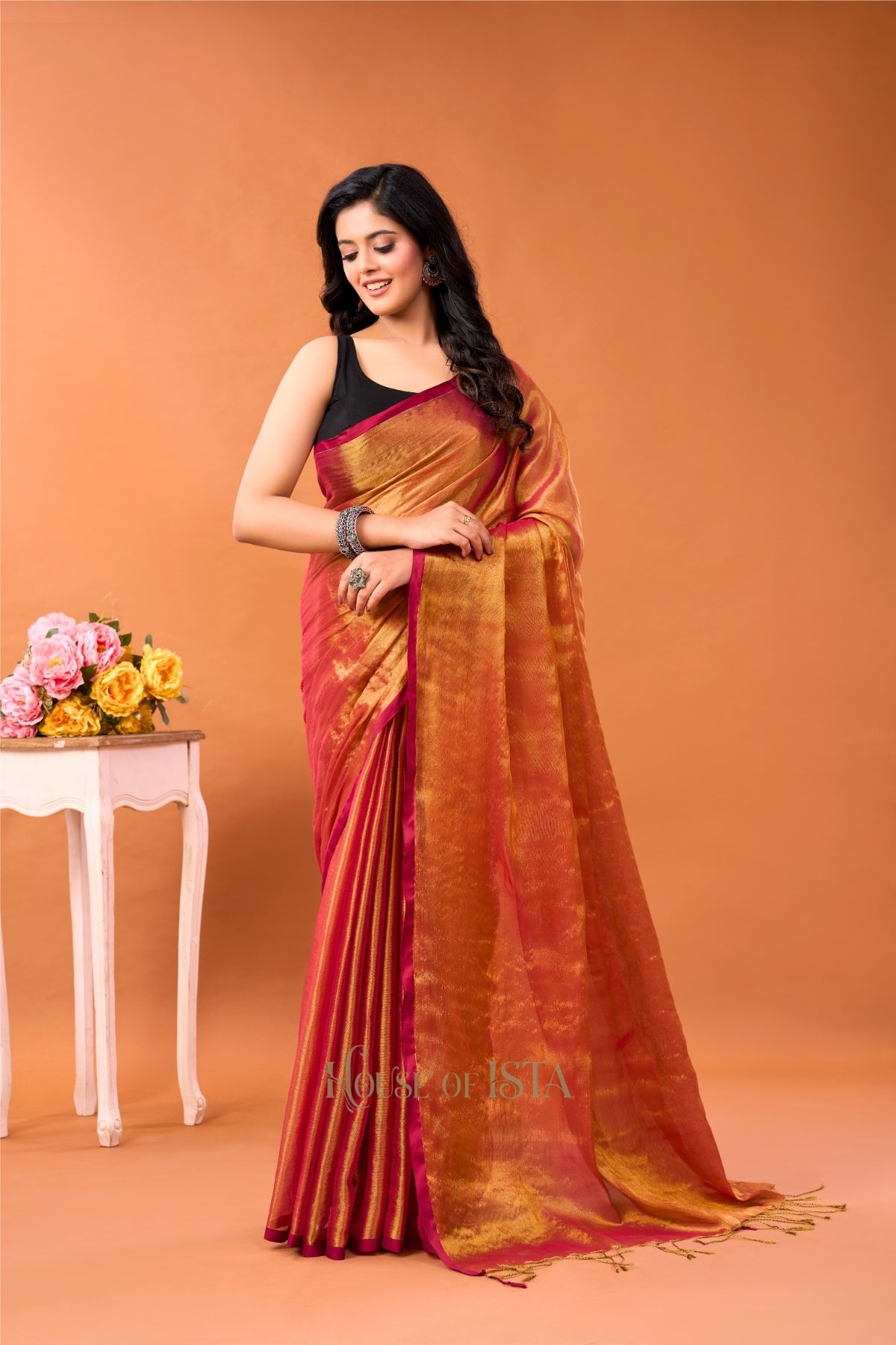 Saffron Shimmer Tissue Cotton Saree