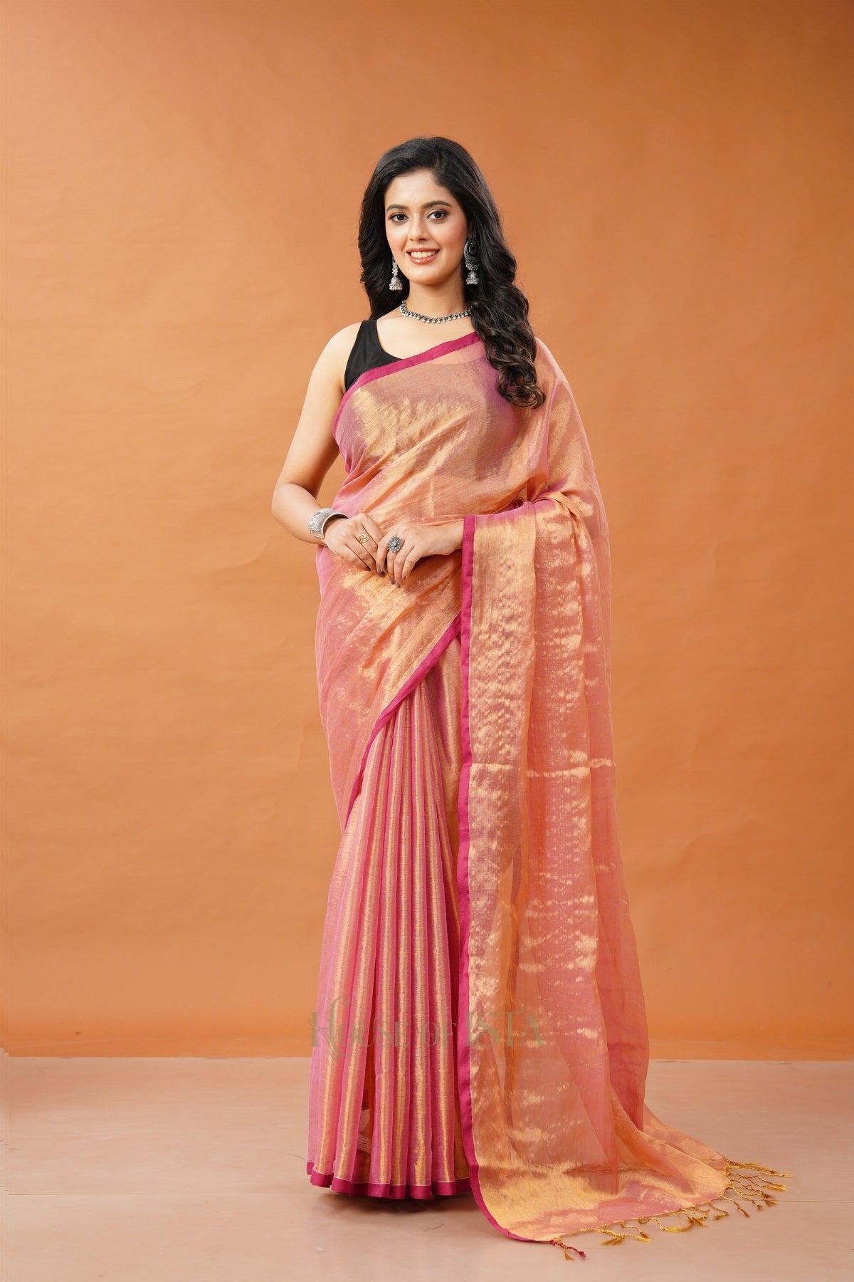 Swarna Peach Tissue Cotton Saree