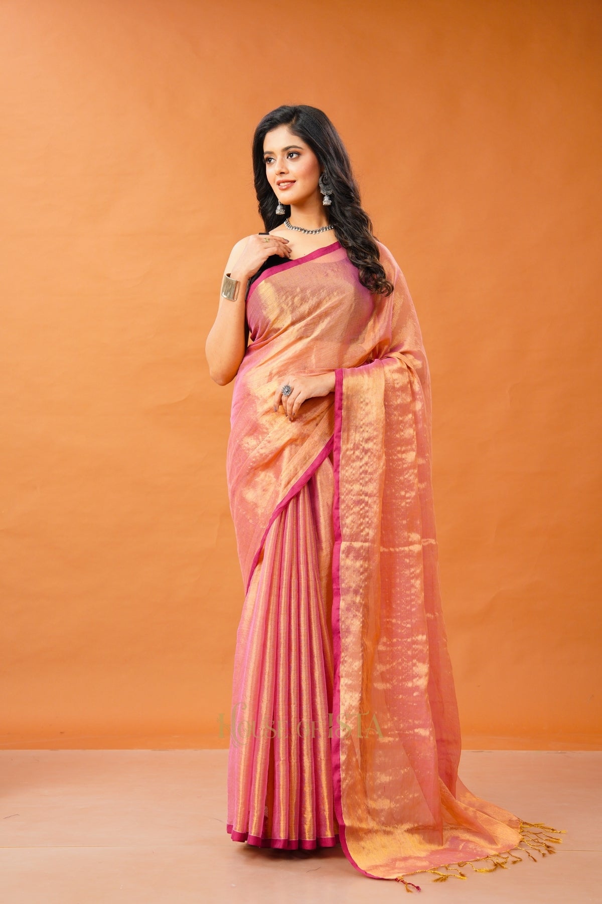 Swarna Peach Tissue Cotton Saree
