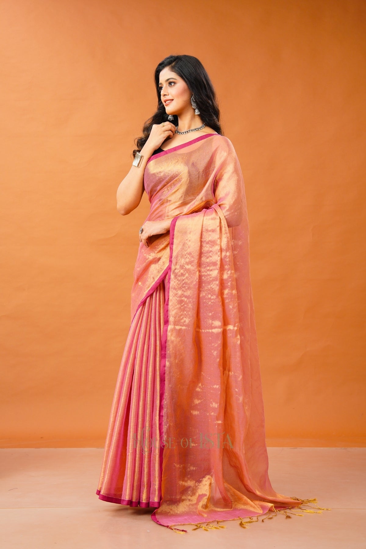 Swarna Peach Tissue Cotton Saree