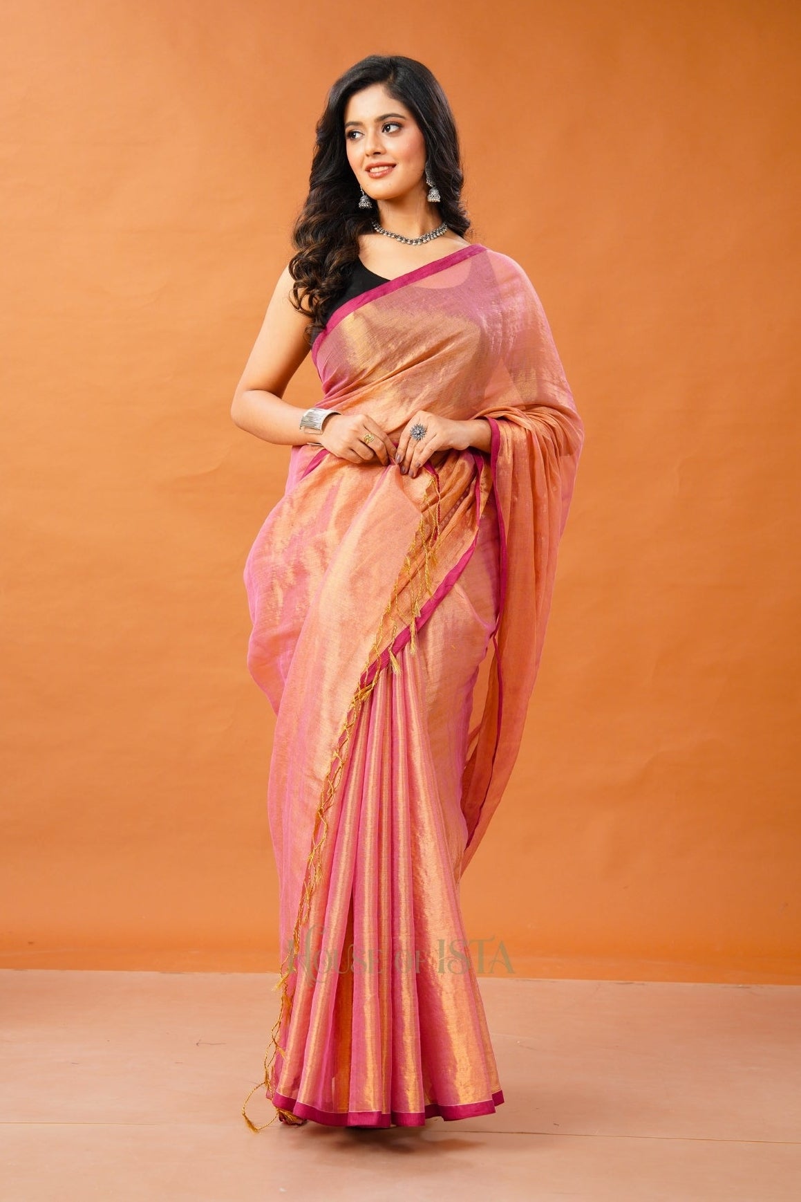 Swarna Peach Tissue Cotton Saree