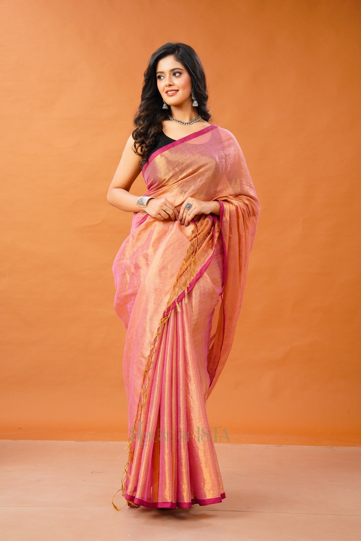 Swarna Peach Tissue Cotton Saree