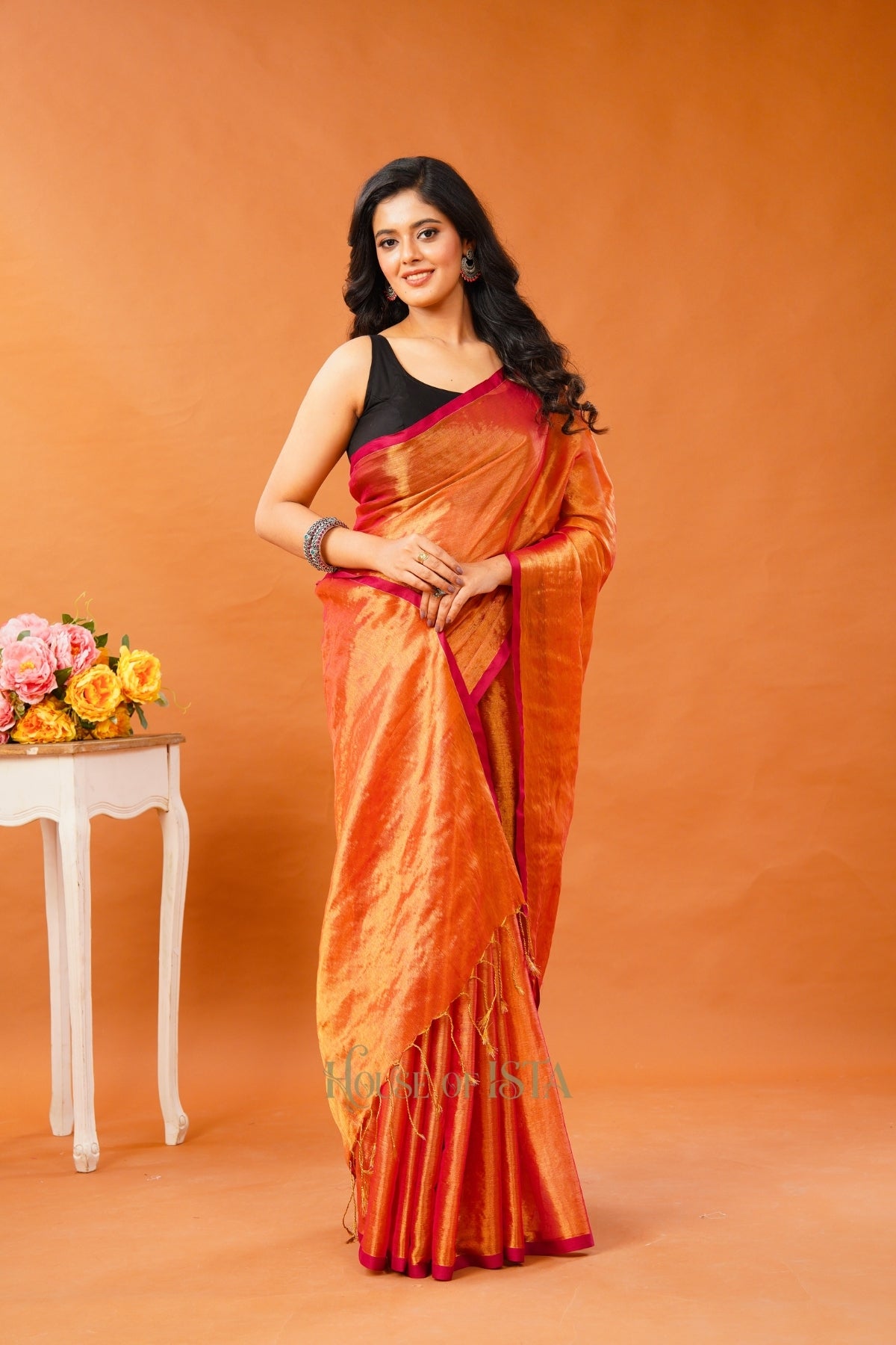 Saffron Shimmer Tissue Cotton Saree