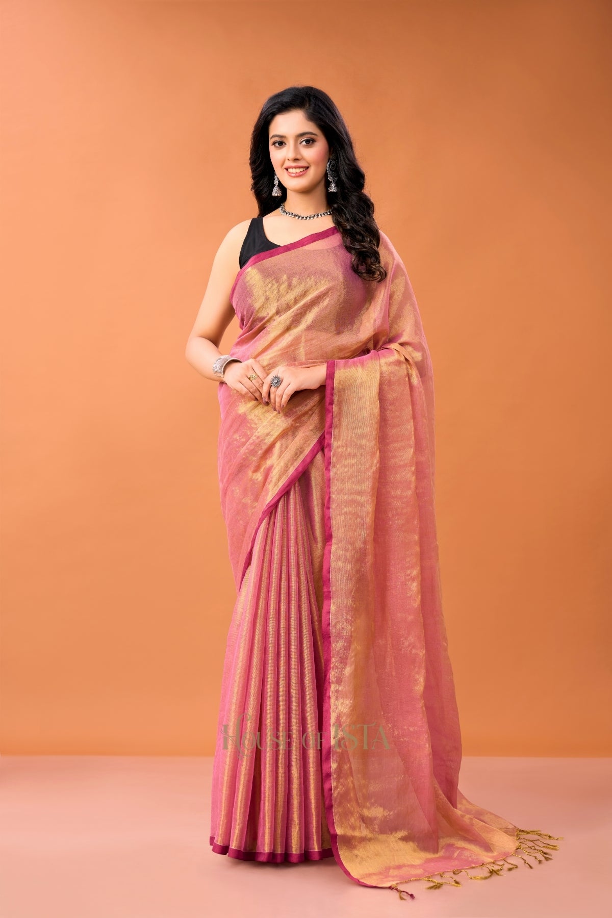 Swarna Peach Tissue Cotton Saree